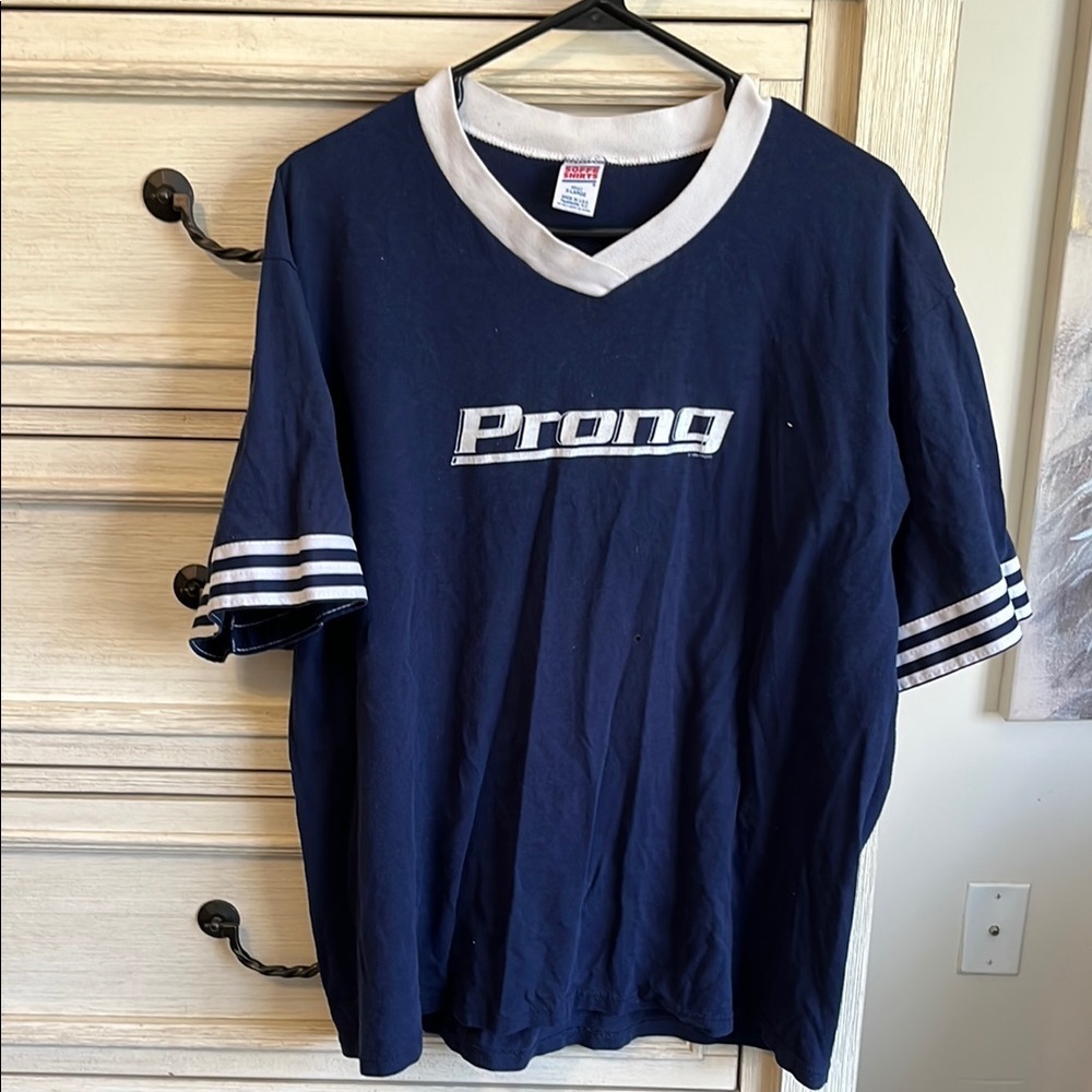 Navy Prong T-Shirt with Striped Sleeves